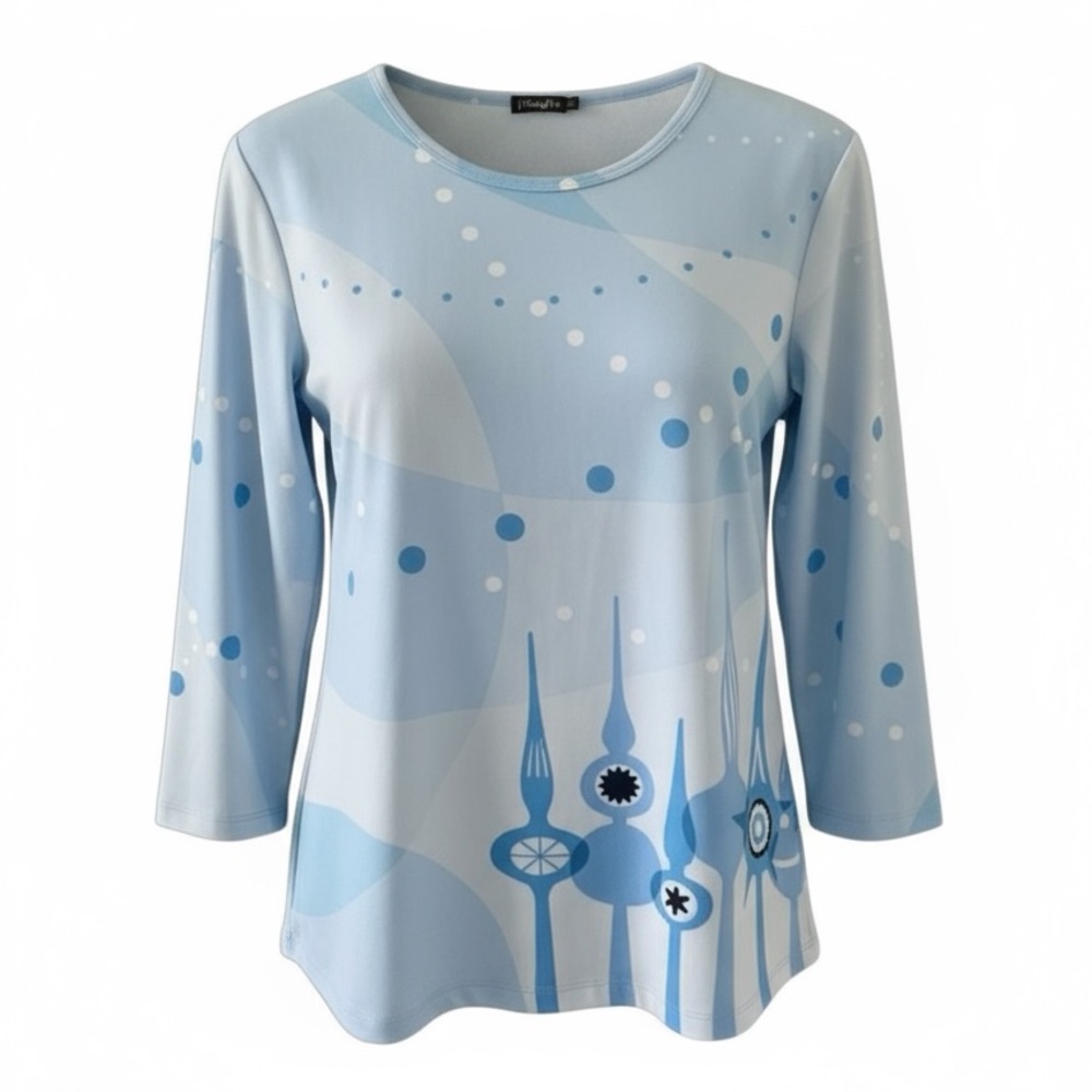 J. McLaughlin Blue Polar Pop Print 3/4 Sleeve Signature Tee Size Small